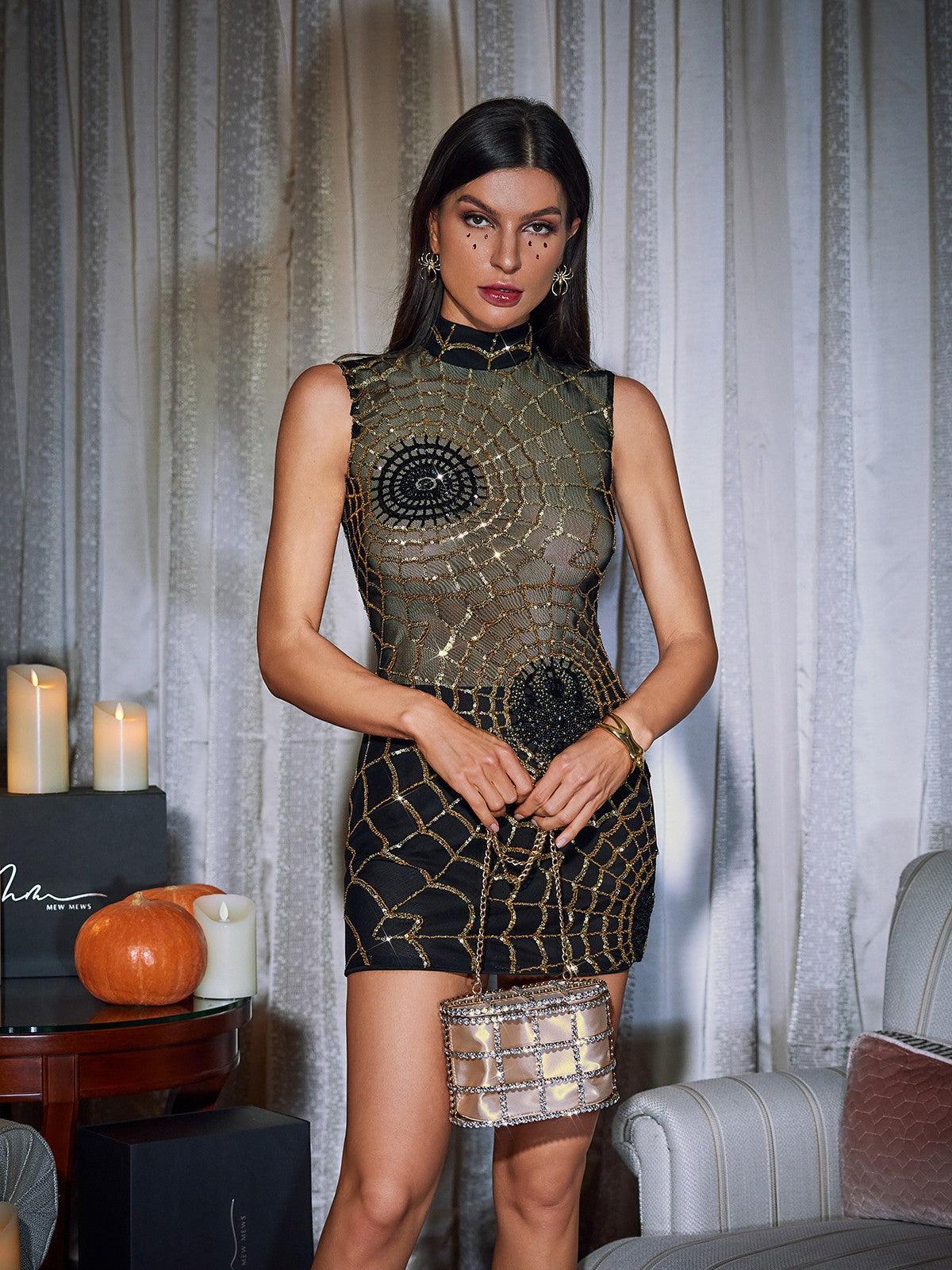 Sequin Web Mesh Mock Neck Bodycon Mini Dress