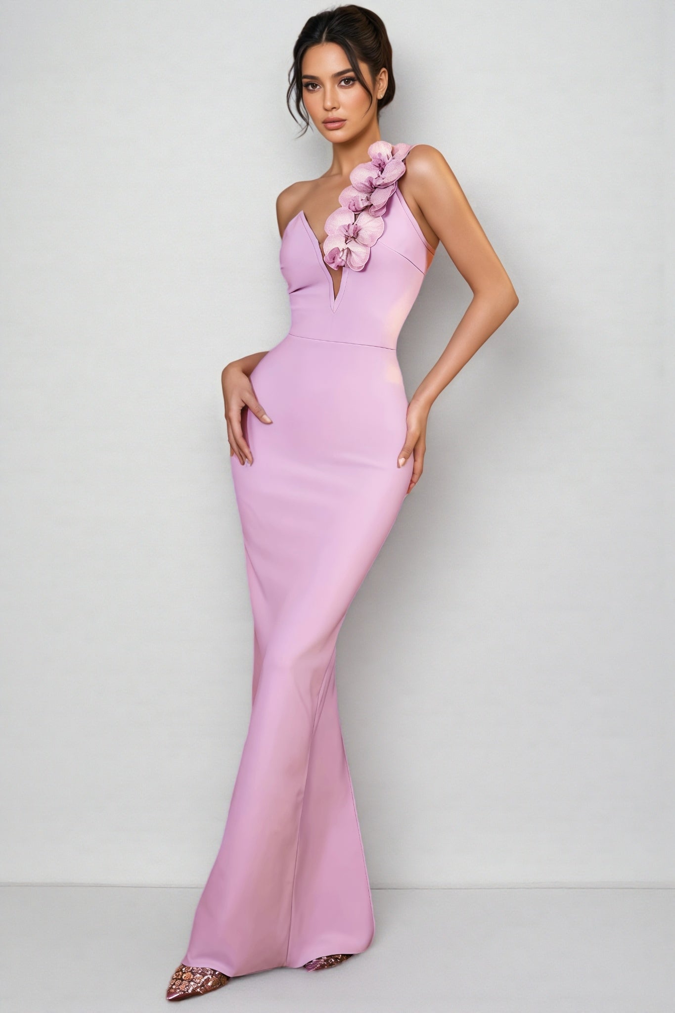 One Shoulder 3D Floral Deep V-Neck Mesh Insert Bodycon Maxi Gown
