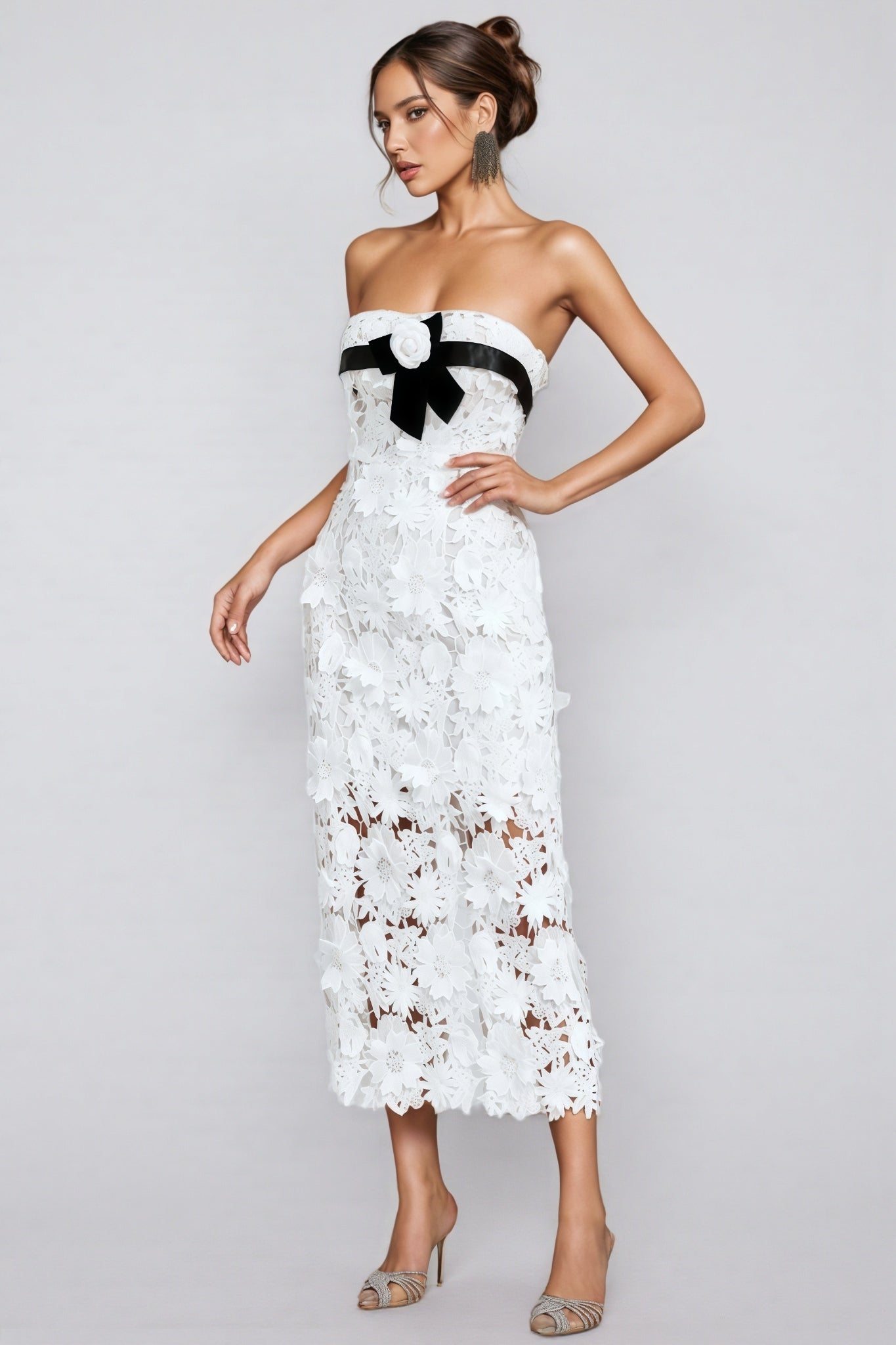 Floral Lace Strapless Sheer Bodycon Midi Dress