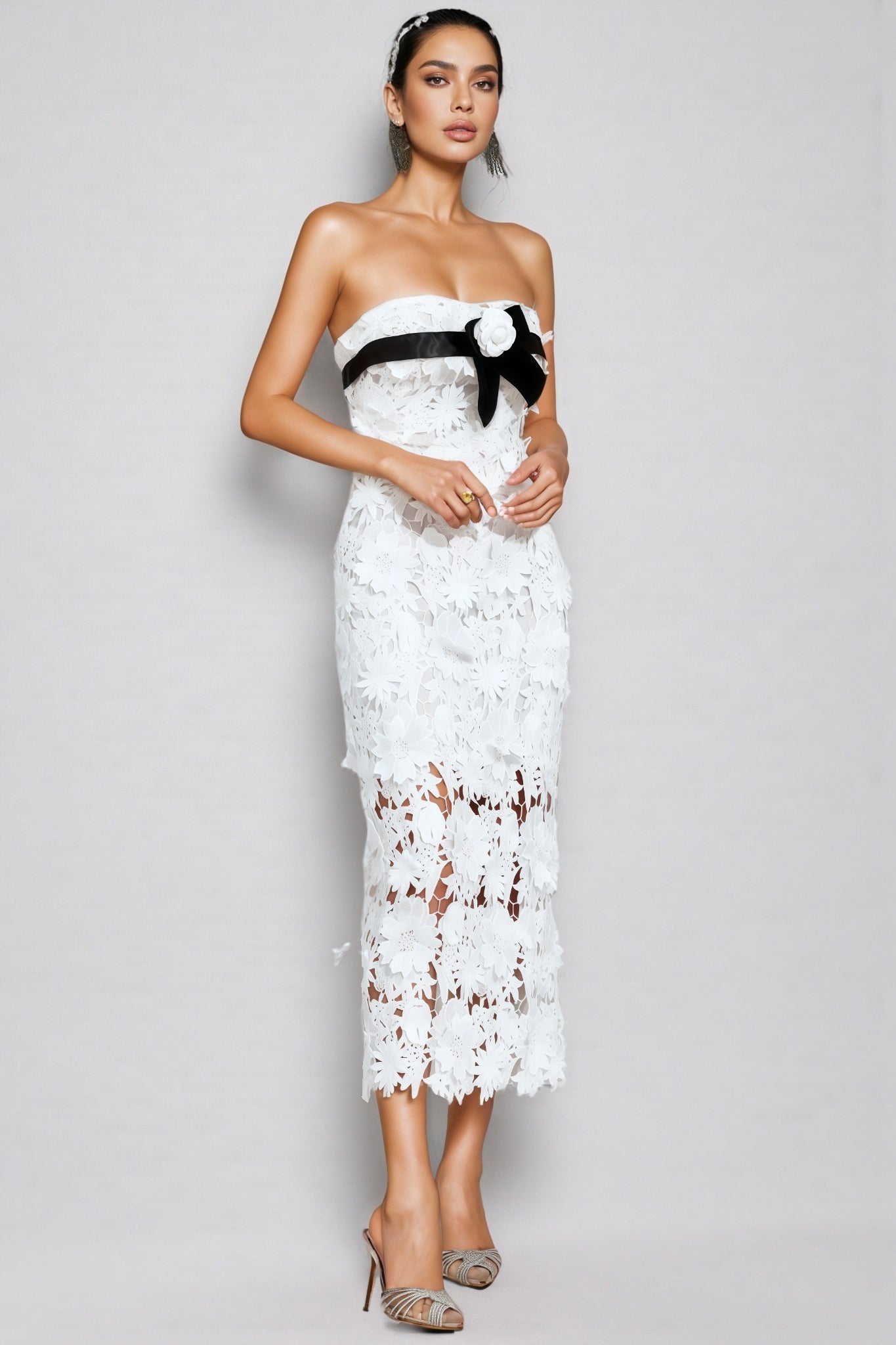 Floral Lace Strapless Sheer Bodycon Midi Dress