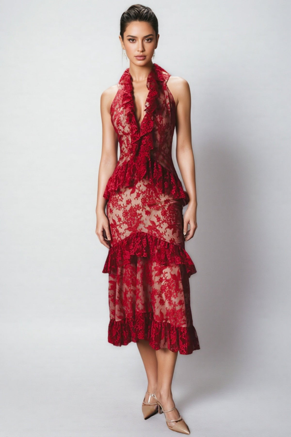 Halter Neck Deep V-Neck Ruffle Trim Tiered Lace Midi Dress