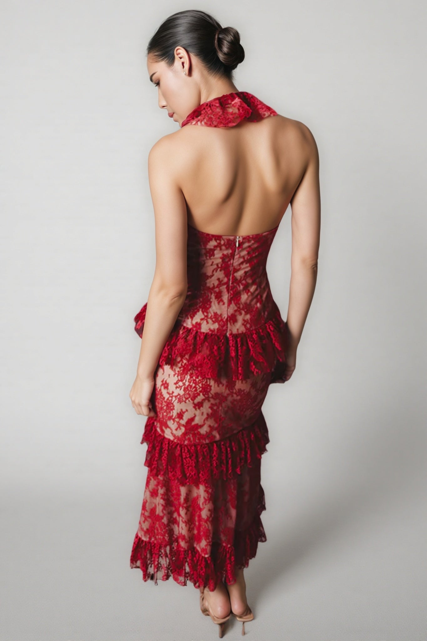 Gracd Backless Lace Ruffled Midi Dress - View 2