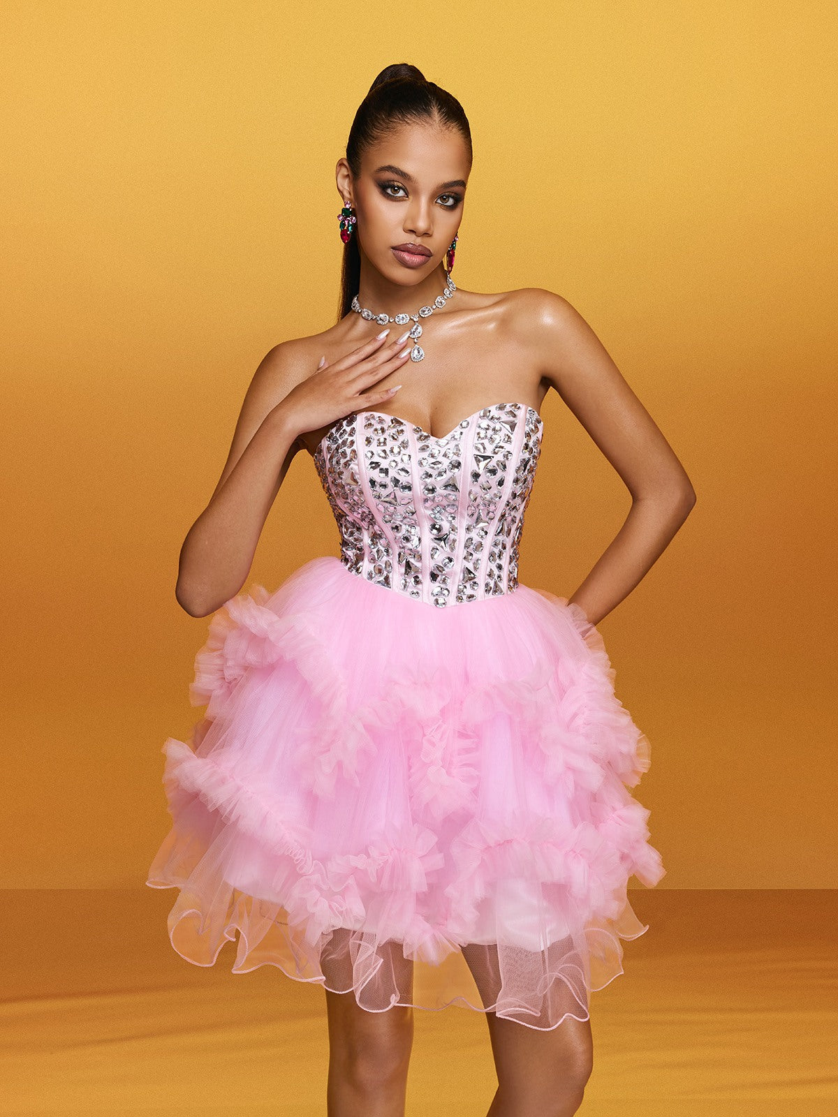 Strapless Rhinestone Corset Bodice Ruffle Tulle Mini Party Dress