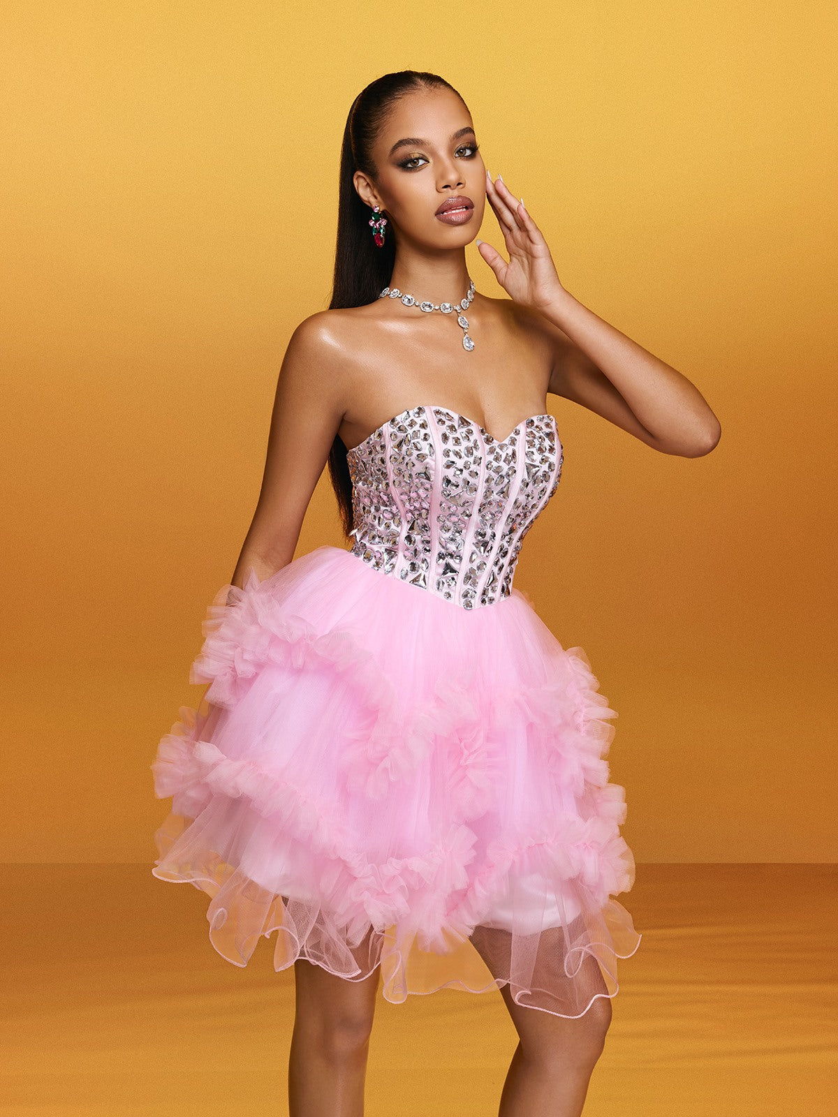 Strapless Crystal Mini Dress In Pink - View 4