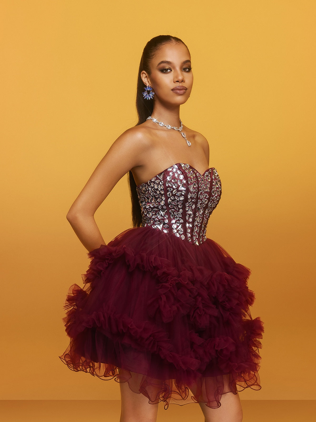 Strapless Crystal Mini Dress In Wine - View 4