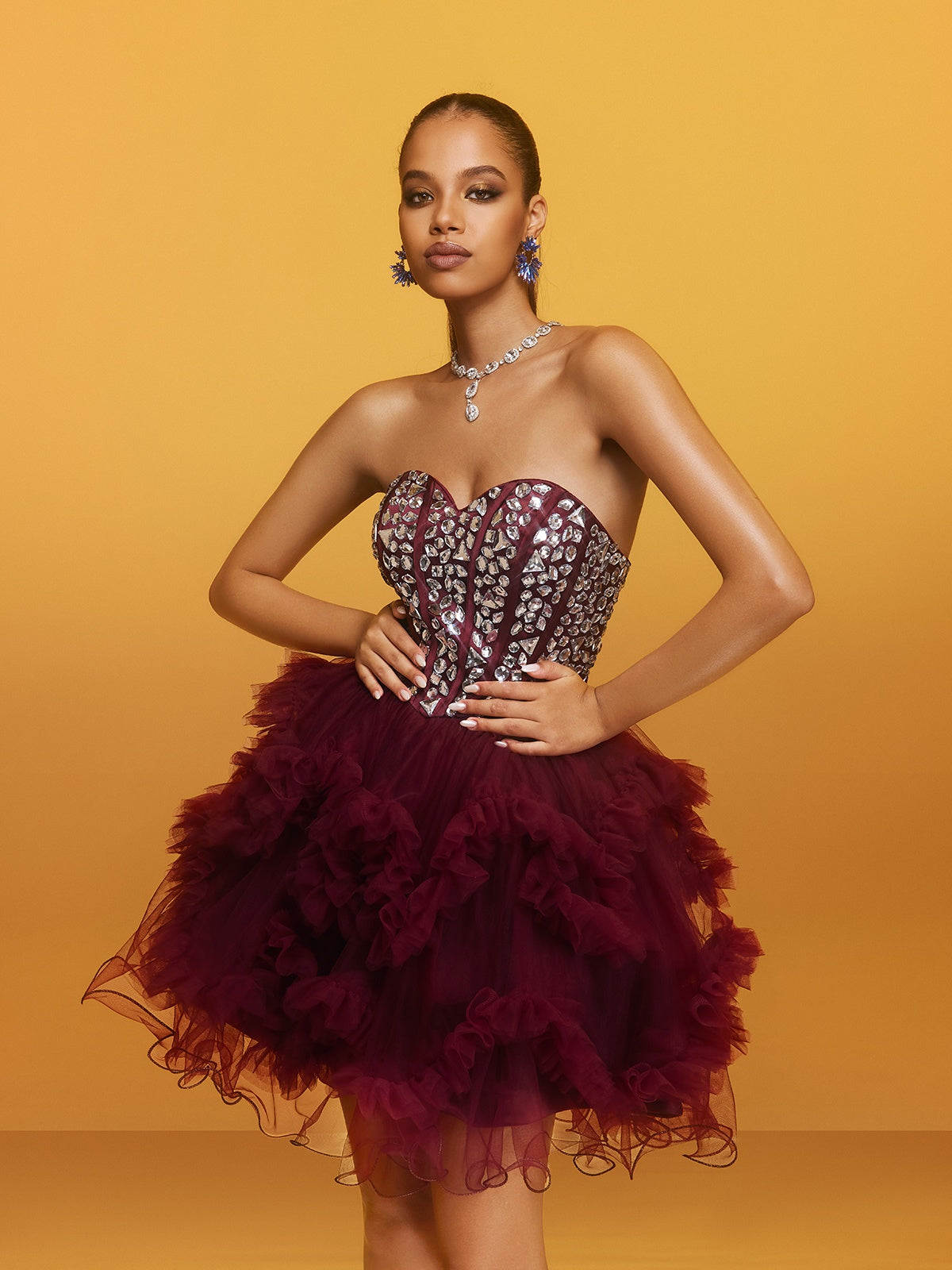 Strapless Crystal Mini Dress In Wine - View 5