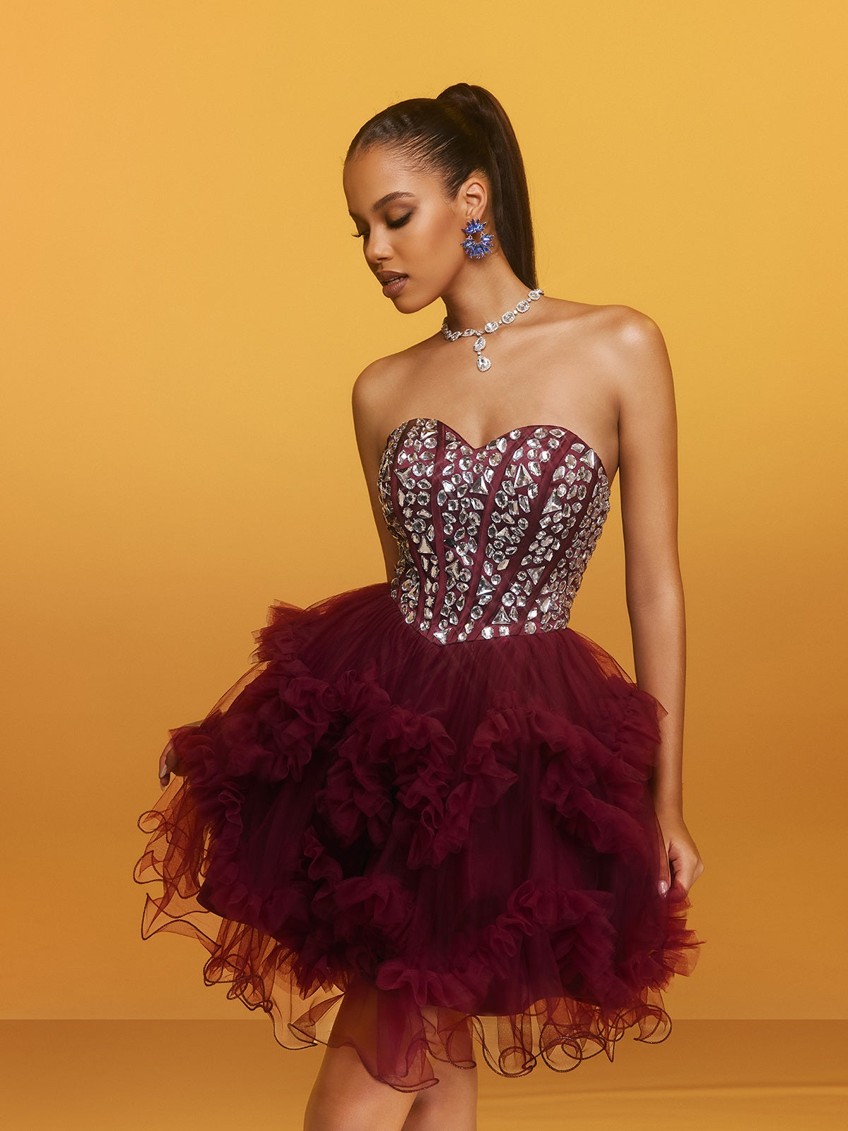 Strapless Crystal Mini Dress In Wine - View 2