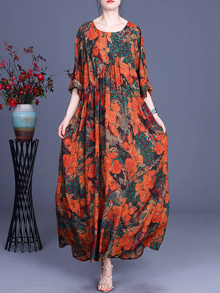 Vintage Floral Irregular Casual Maxi Dress