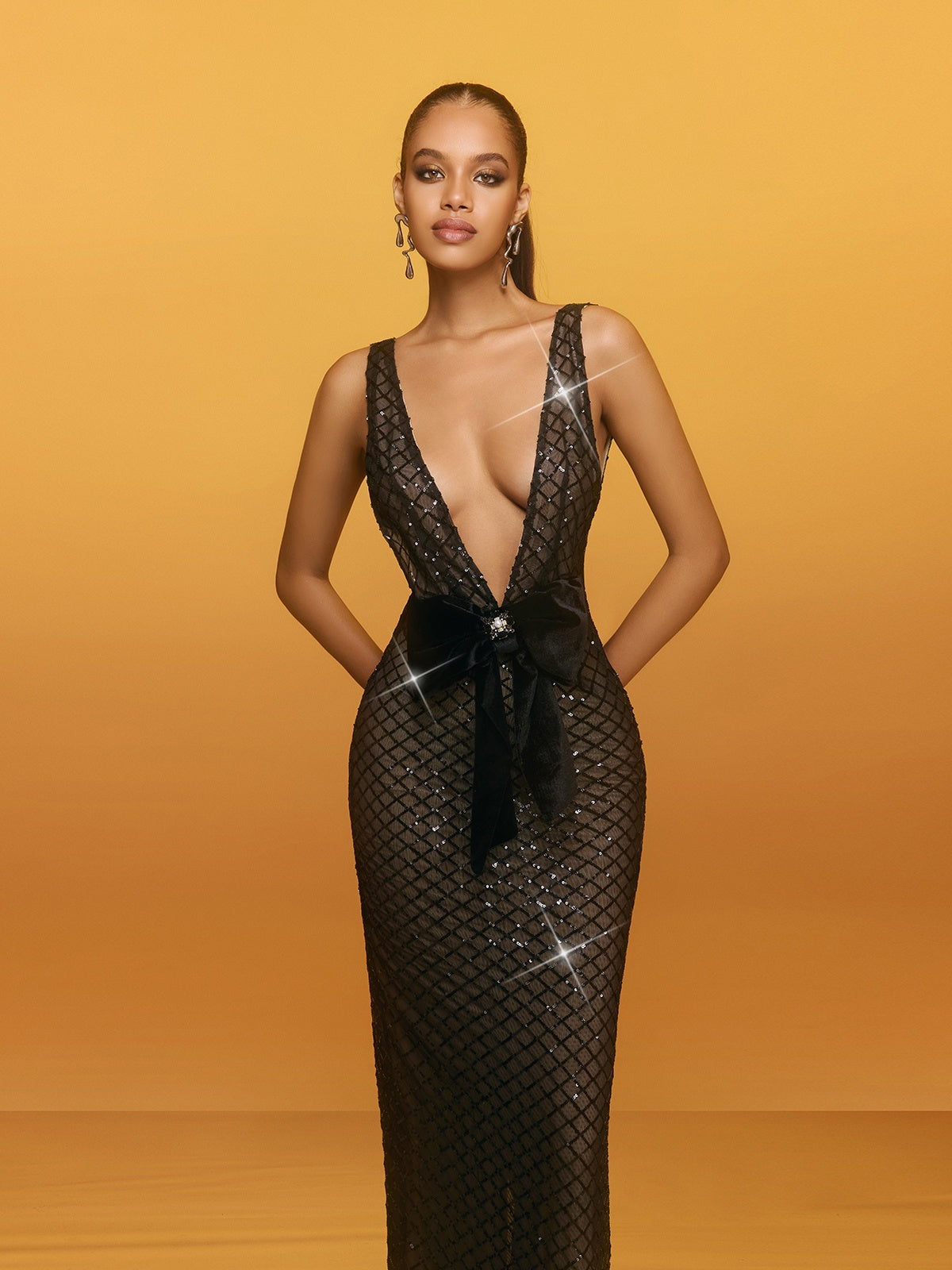 V Neck Bow Sequin Maxi Dress - View 2