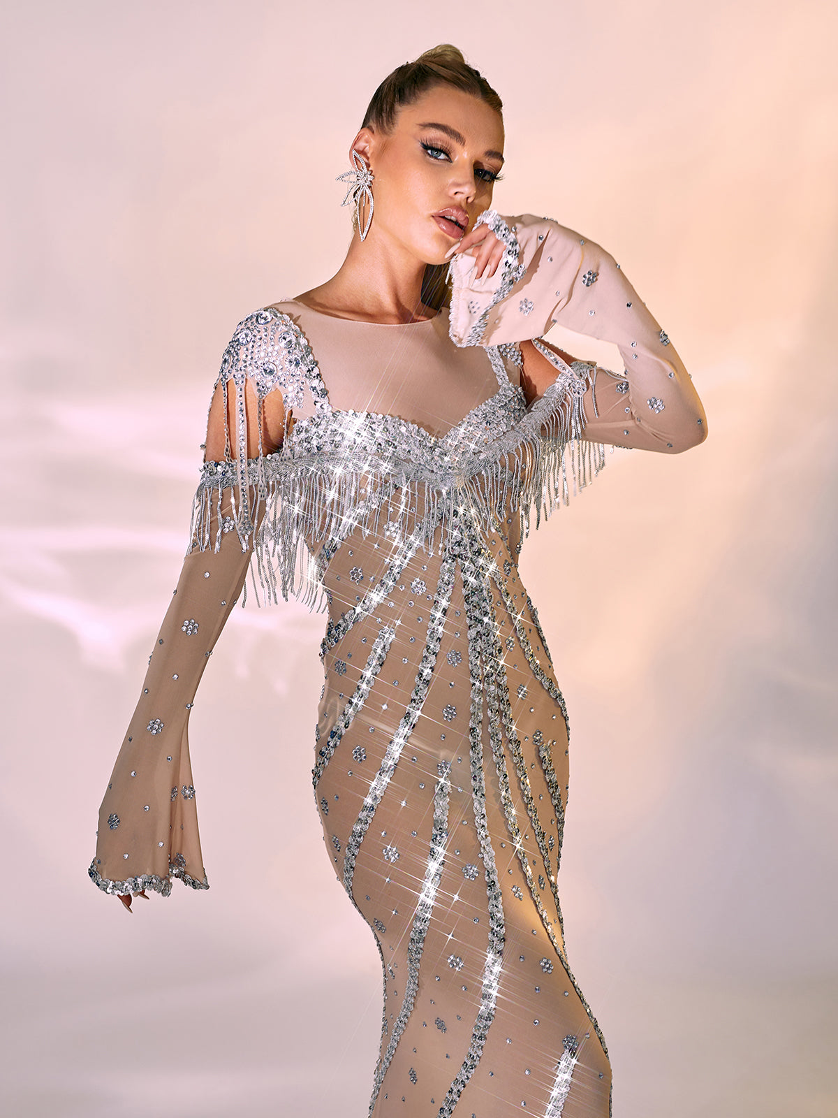 Mesh V-Neck Long Sleeve Bodycon Maxi Dress - View 3
