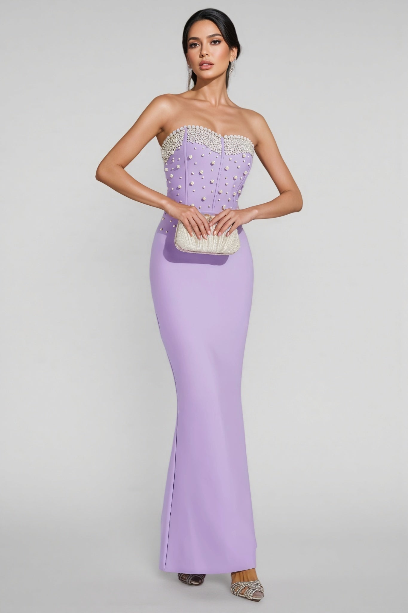 Pearl Beaded Strapless Sweetheart Corset Bandage Maxi Gown