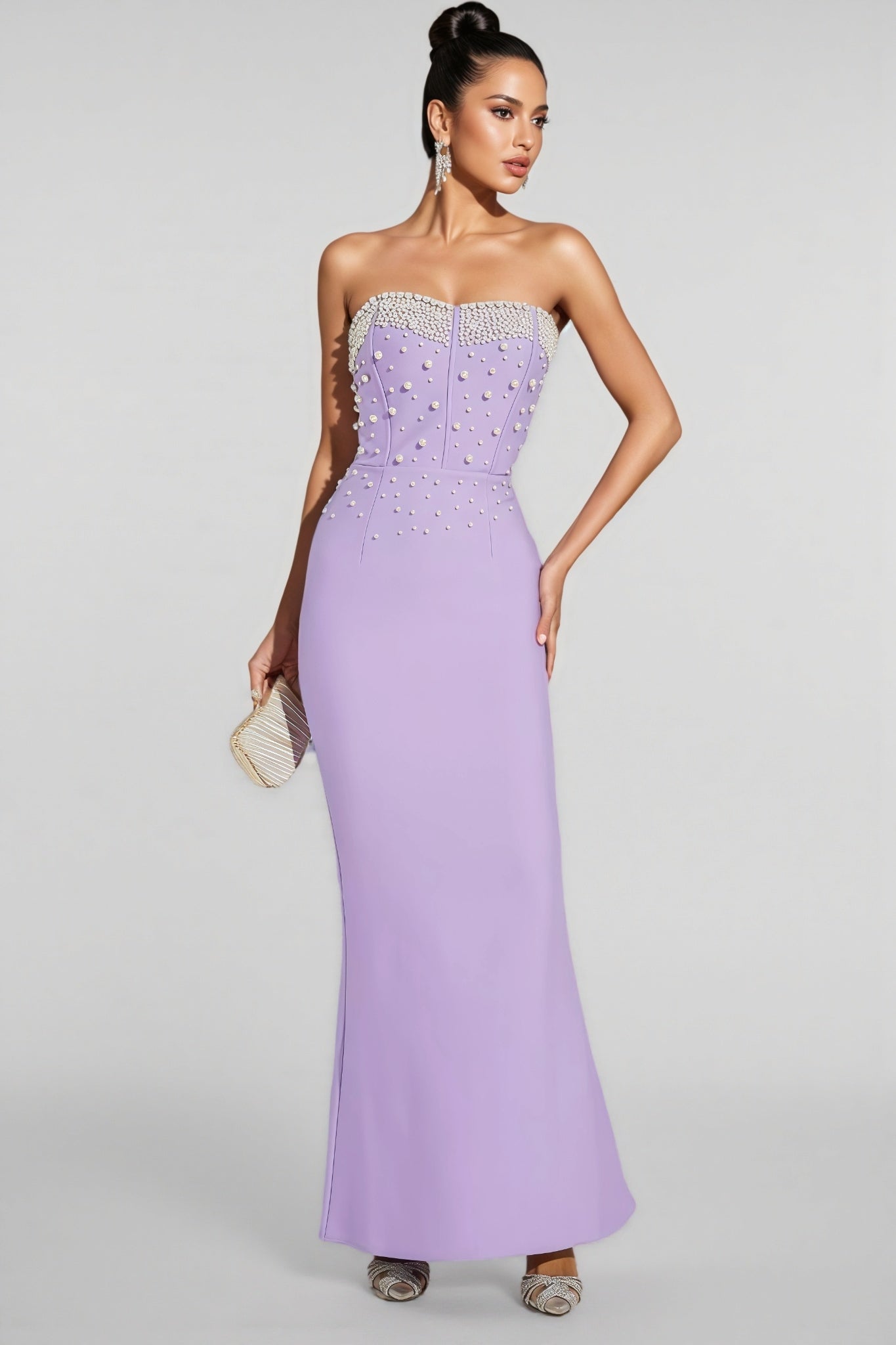 Pearl Beaded Strapless Sweetheart Corset Bandage Maxi Gown