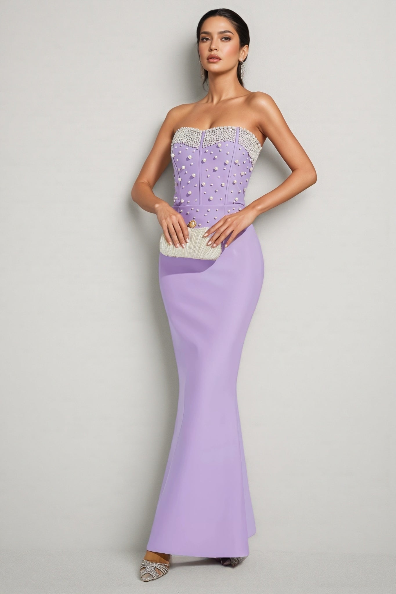 Pearl Beaded Strapless Sweetheart Corset Bandage Maxi Gown