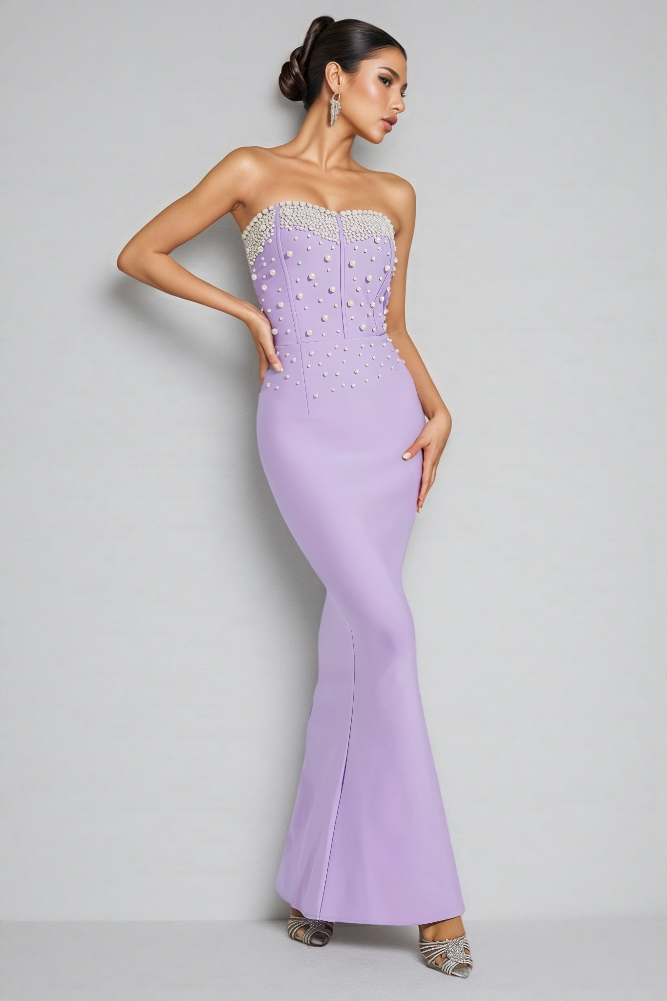 Pearl Beaded Strapless Sweetheart Corset Bandage Maxi Gown