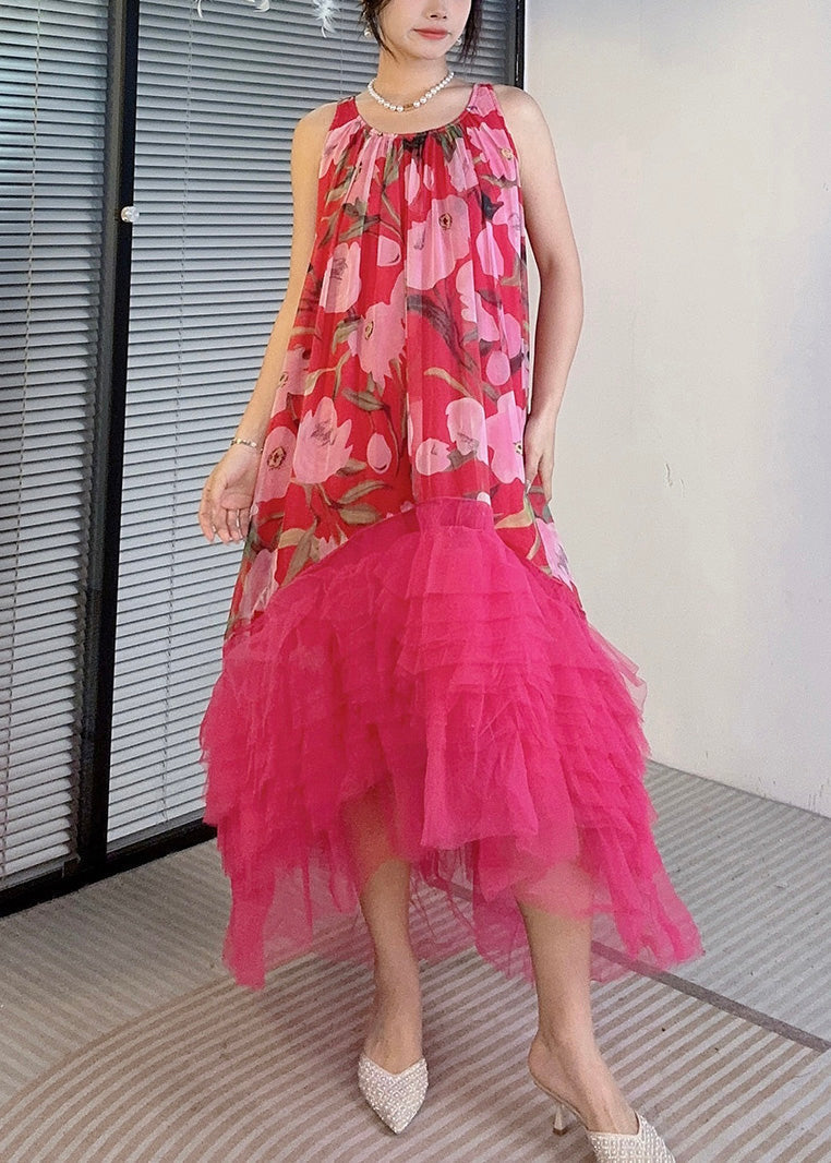 Floral Print Gathered Round Neck Tiered Ruffle Tulle High Low Sleeveless Dress