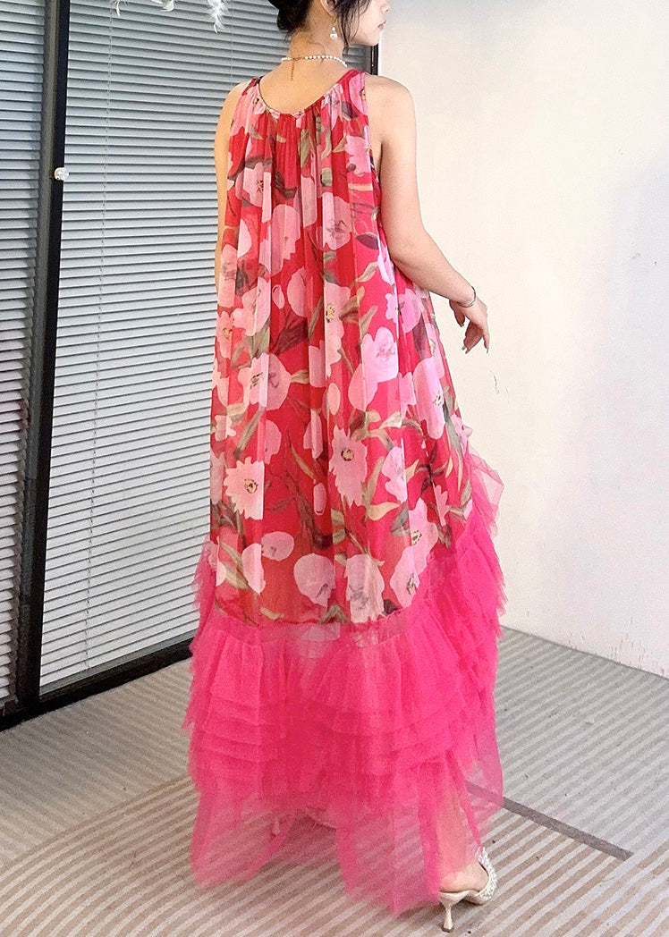 Floral Print Gathered Round Neck Tiered Ruffle Tulle High Low Sleeveless Dress