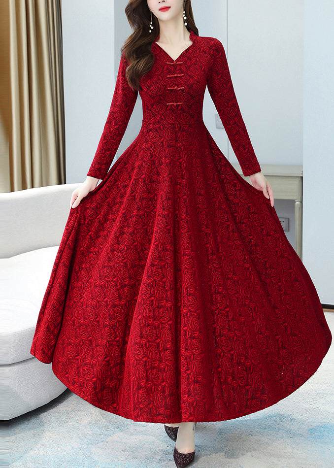 Jacquard Rose Embossed Mandarin Collar Frog Button Long Sleeve A-Line Maxi Gown