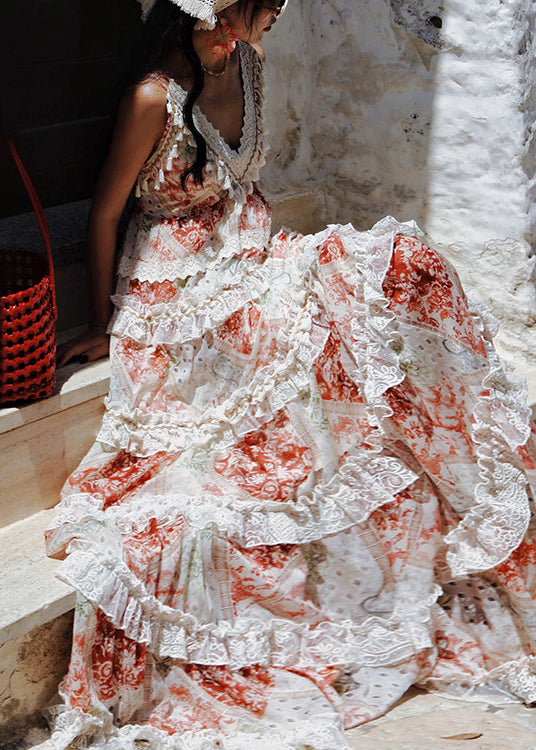 V-Neck Sleeveless Lace Trim Tiered Ruffle Floral Maxi Dress