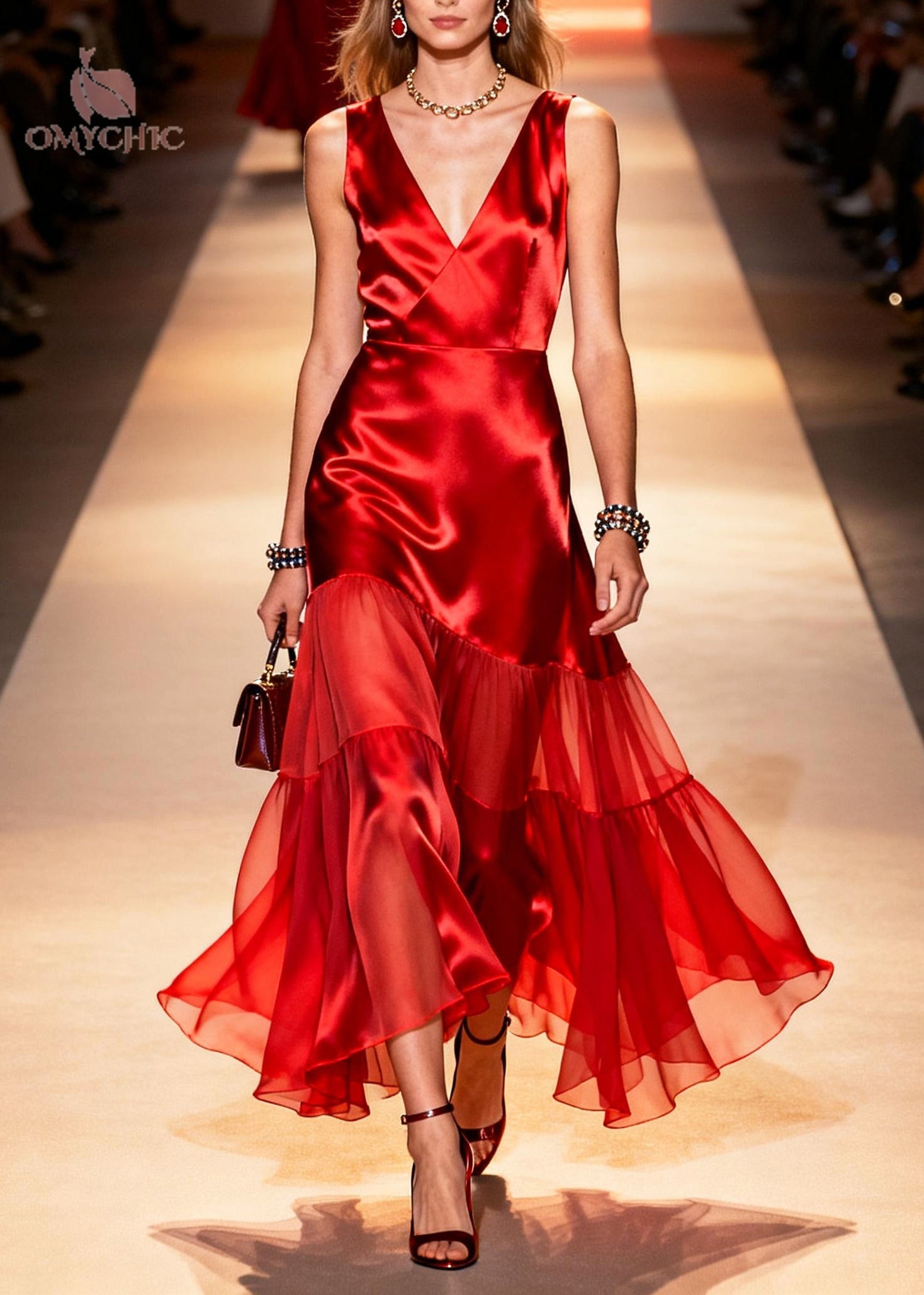 Red Patchwork Chiffon Silk Long Dress Exra Large Hem Summer