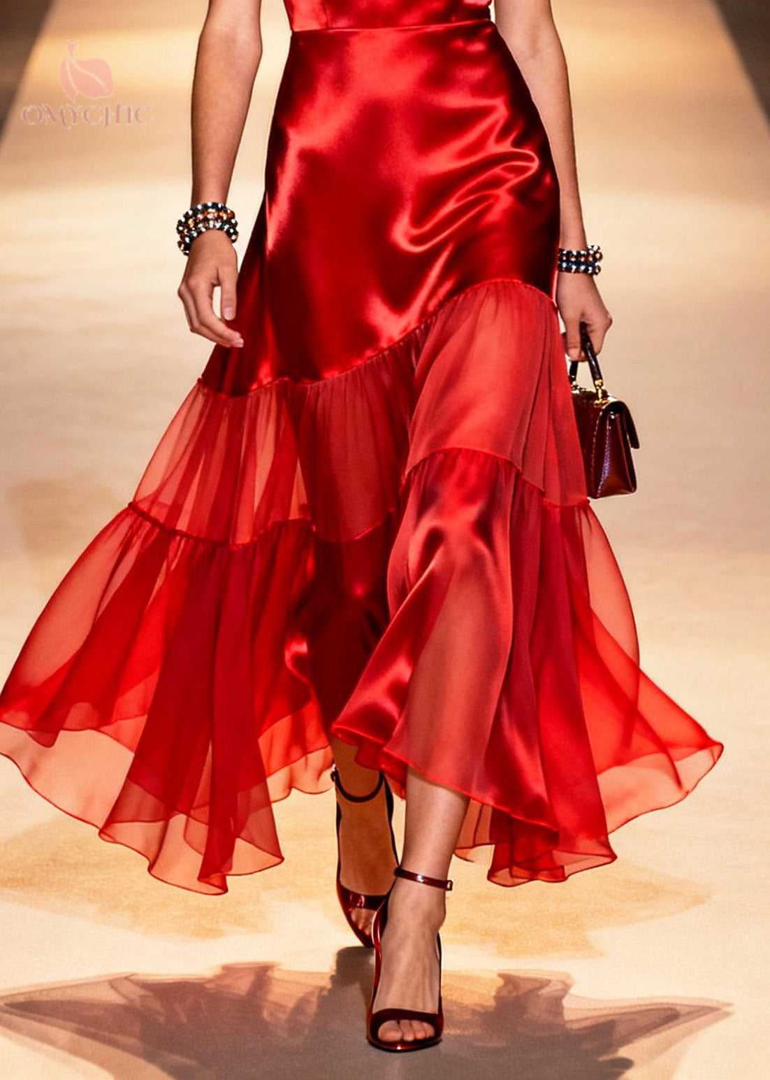 Satin Deep V-Neck Sleeveless Tiered Ruffle Chiffon Overlay Ankle Length Gown