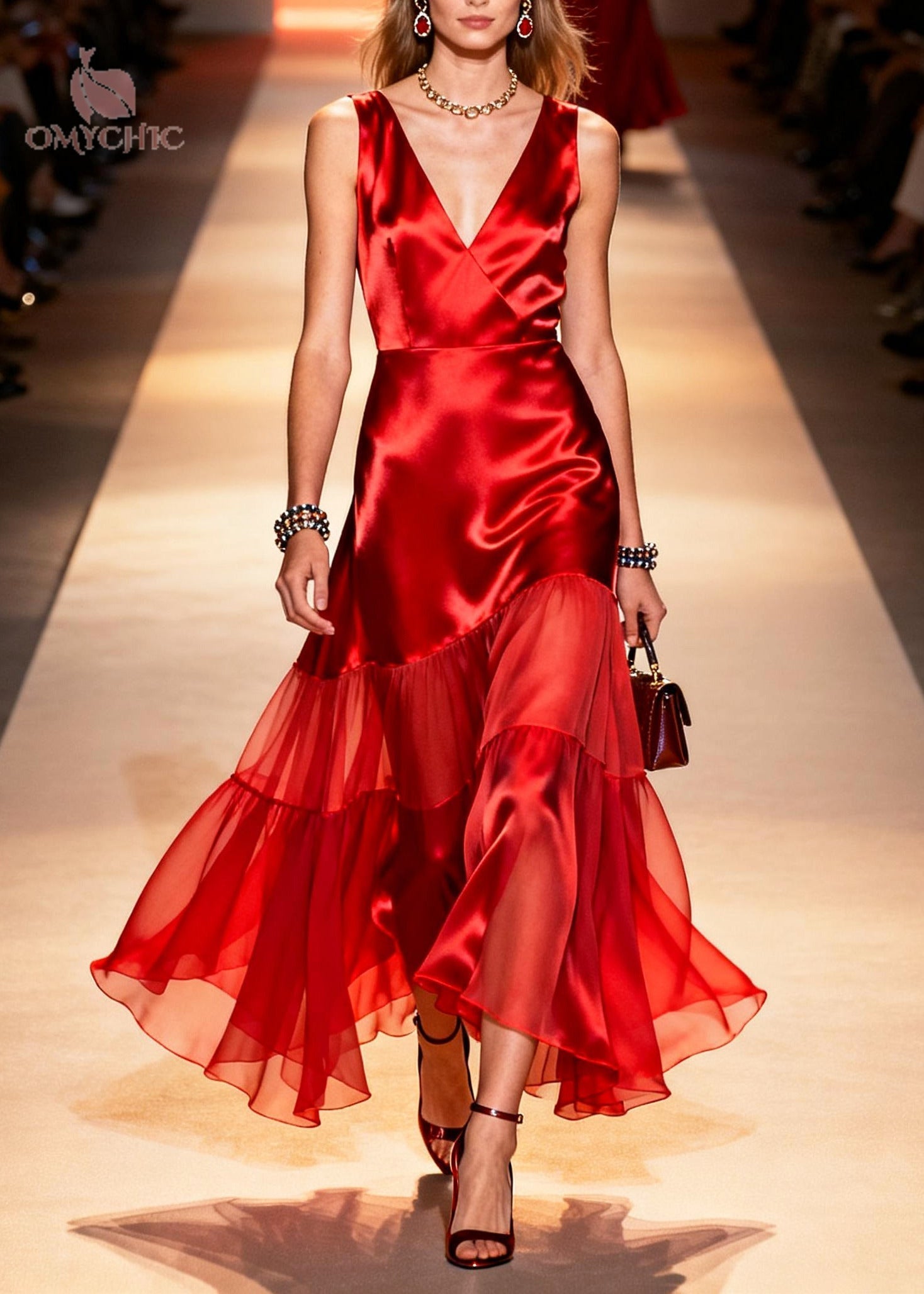 Satin Deep V-Neck Sleeveless Tiered Ruffle Chiffon Overlay Ankle Length Gown