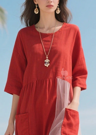 Round Neck Elbow Sleeve Patch Pocket Tulle Panel Asymmetrical Midi Dress
