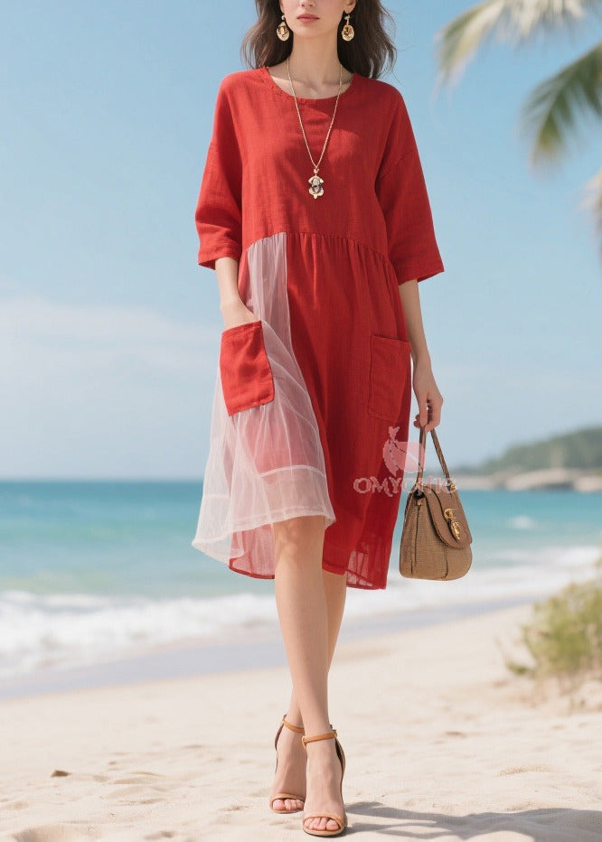 Round Neck Elbow Sleeve Patch Pocket Tulle Panel Asymmetrical Midi Dress