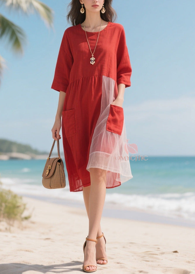 Round Neck Elbow Sleeve Patch Pocket Tulle Panel Asymmetrical Midi Dress