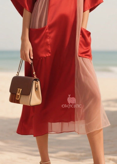 Mesh Side Panel Deep V-Neck Kimono Sleeve Patch Pocket Midi Dress