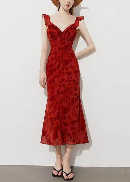 Red Print Chiffon Ankle Dress Ruffled Summer