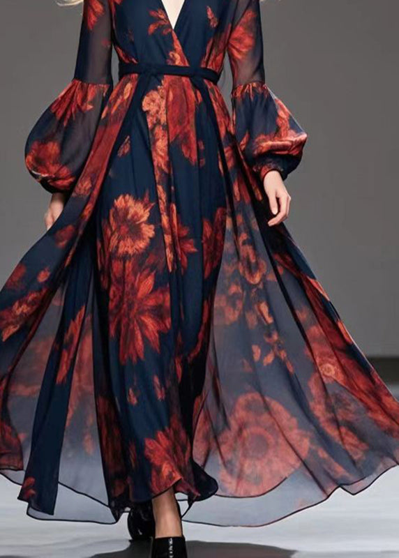 Floral Print Deep V-Neck Wrap Bishop Sleeve Tie Waist Chiffon Maxi Gown