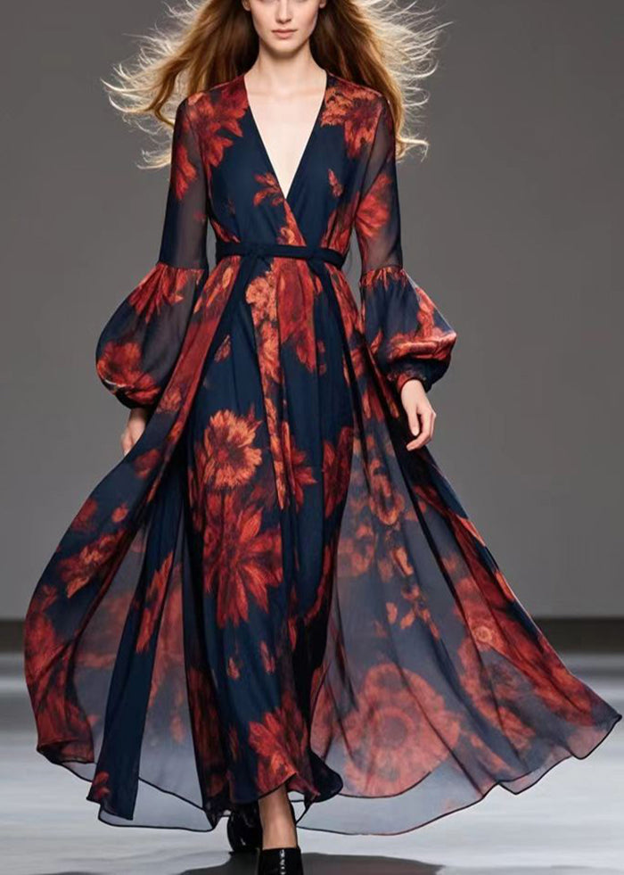 Floral Print Deep V-Neck Wrap Bishop Sleeve Tie Waist Chiffon Maxi Gown