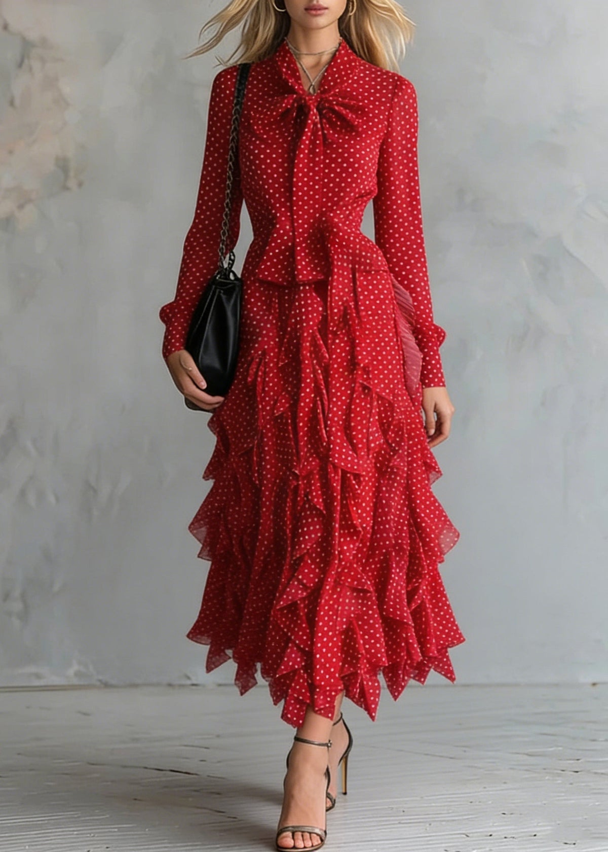 Polka Dot Chiffon Pussy Bow Long Sleeve Tiered Ruffle Midi Dress - View 5