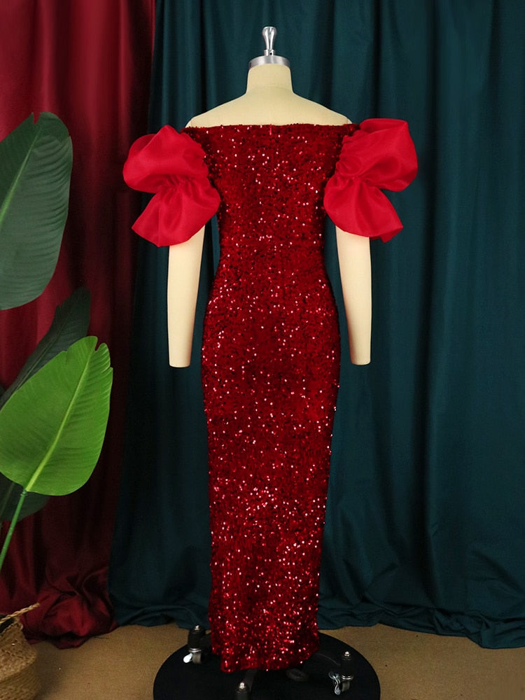 Sequin Off Shoulder Puff Sleeve V-Neck High Split Mermaid Gown