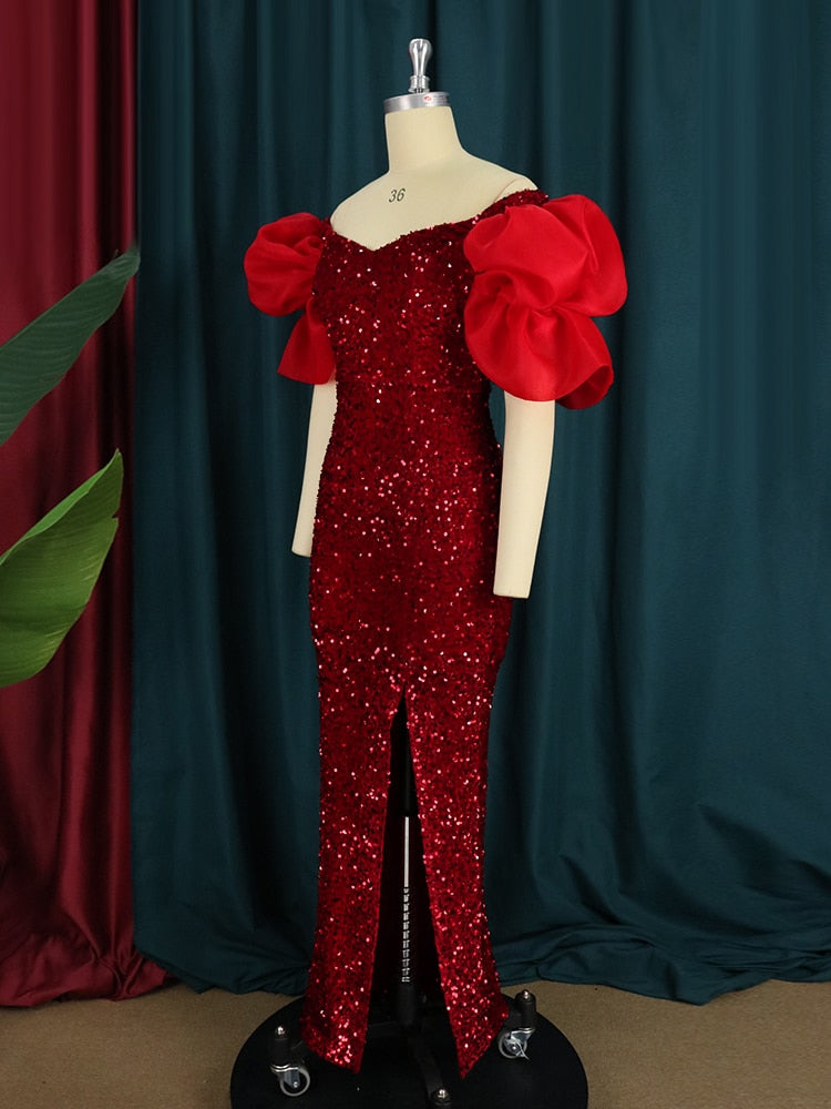 Sequin Off Shoulder Puff Sleeve V-Neck High Split Mermaid Gown