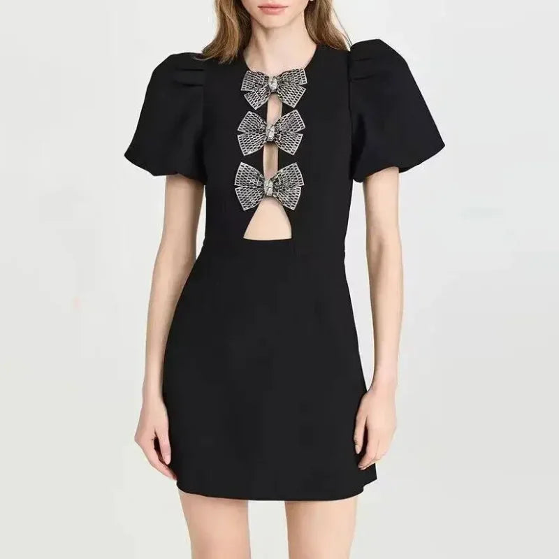 Puff Sleeve Rhinestone Heart Embellished Cut Out Mini Dress 4