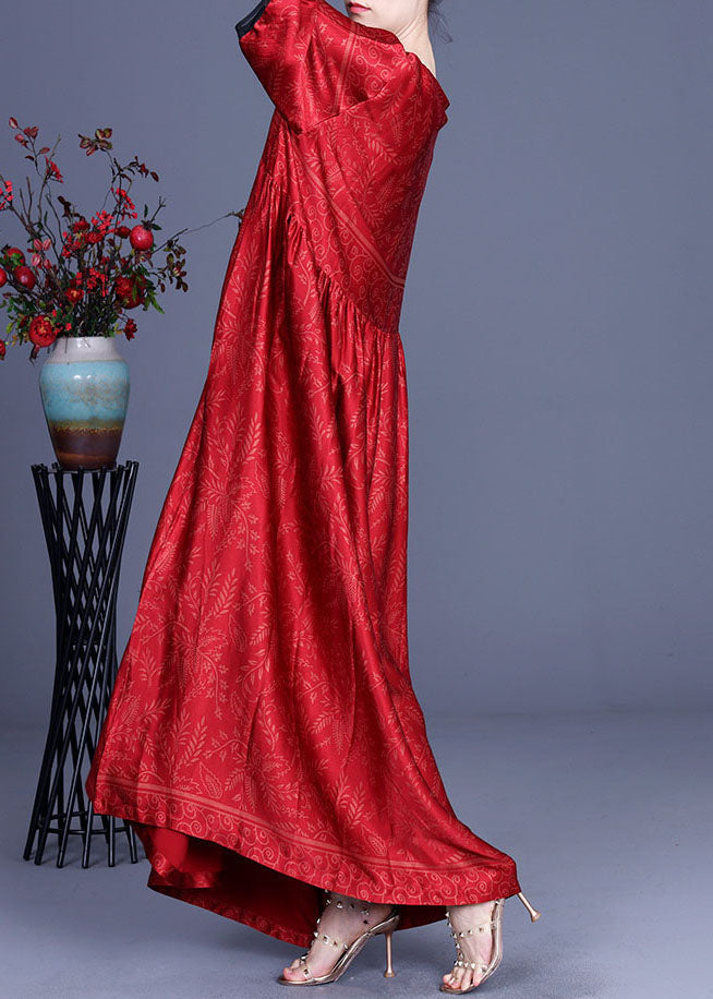 Satin Botanical Print V-Neck Contrast Trim Elbow Sleeve Empire Waist Gathered Maxi Dress