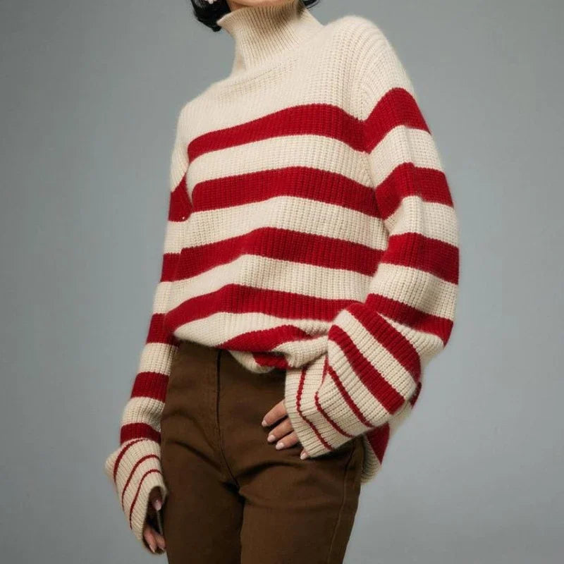 Mock Neck Long Sleeve Striped Chunky Ribbed Knit Sweater