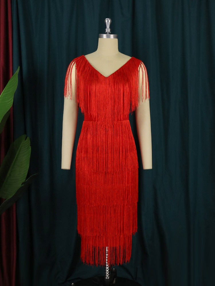 Scoop Neck Cap Sleeve Tiered Fringe High Split Midi Cocktail Dress