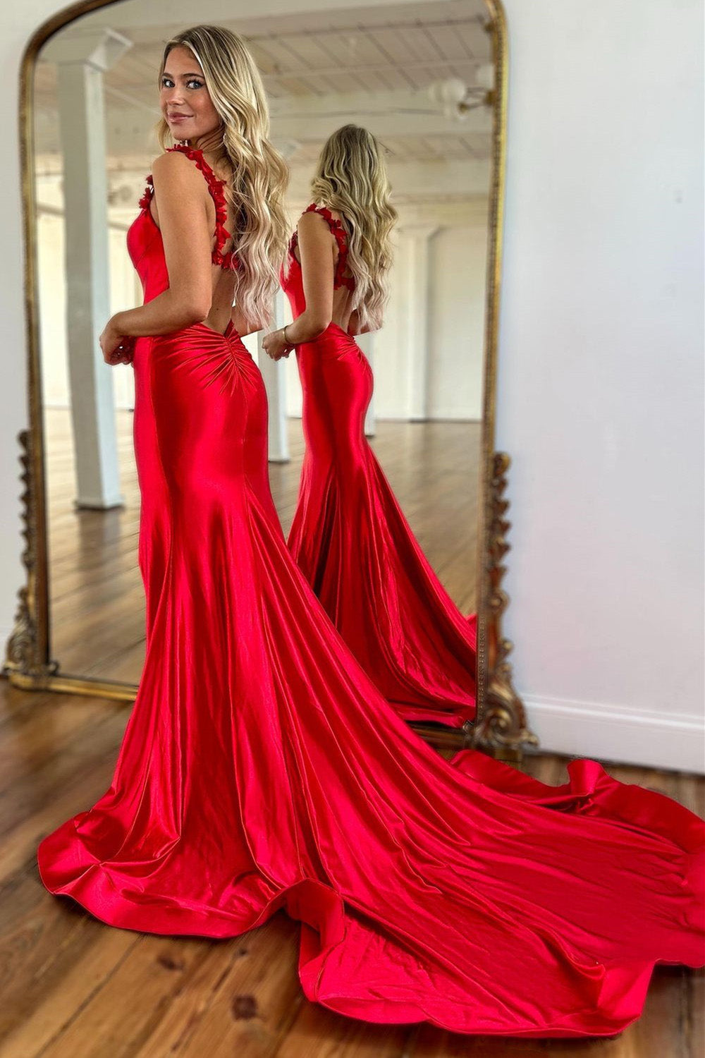 Red Mermaid Straps Keyhole Back Long Satin Prom Dress With Slit