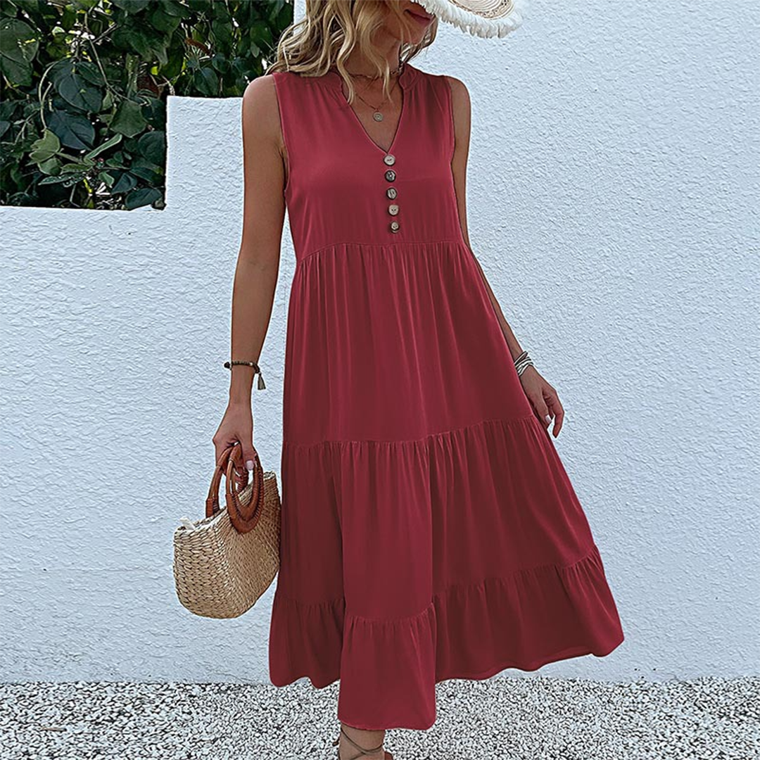 Sleeveless V-Neck Button Front Tiered Babydoll Midi Summer Dress