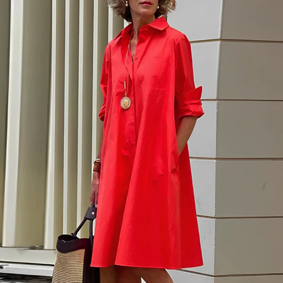 Collared Button Down Long Sleeve Pocket Oversized Shirt Midi Dress