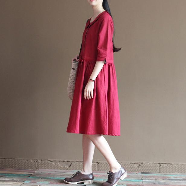 Red linen sundress half sleeve fit flare dresses