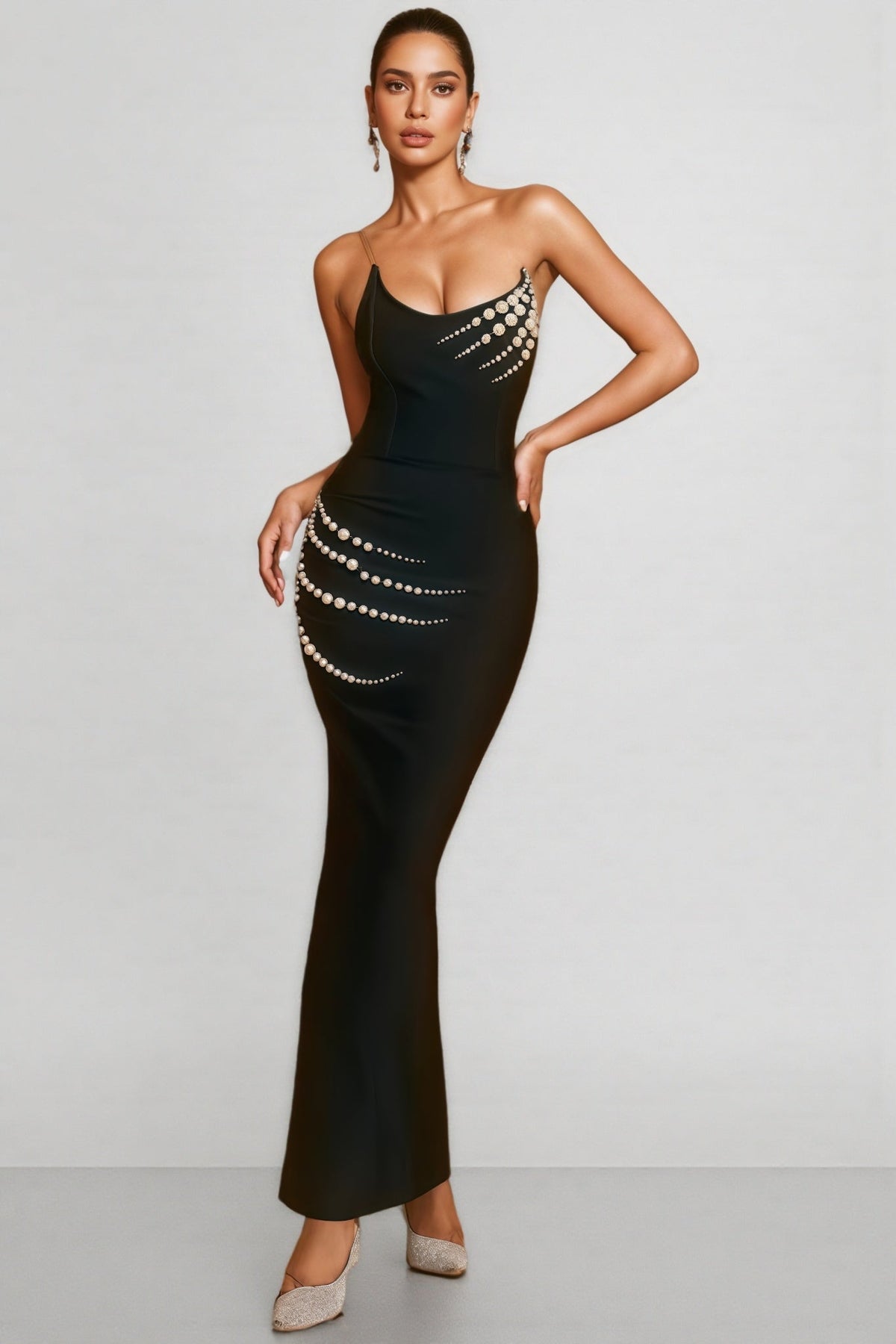 Faux Pearl Embellished Corset Bodice Bandage Maxi Dress