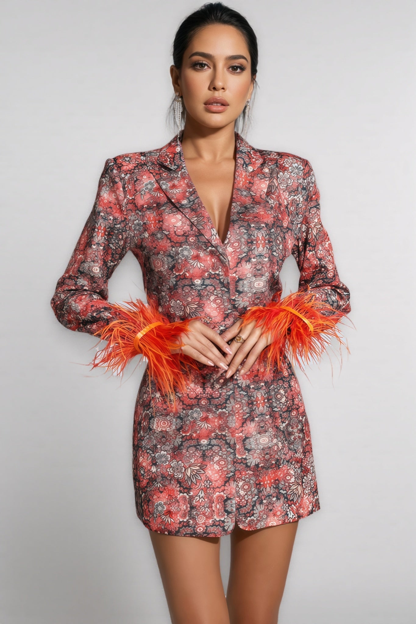 Floral Jacquard Feather Trim Belted Blazer Mini Dress