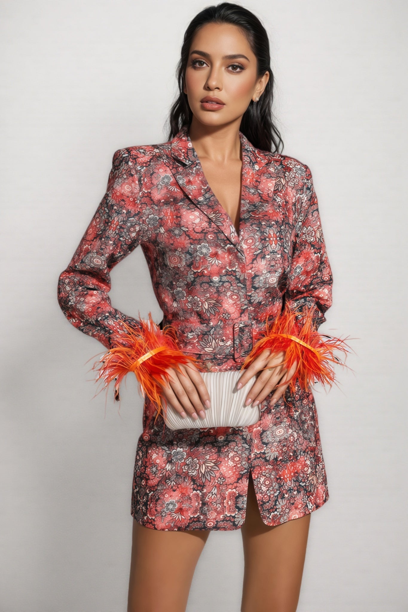 Floral Jacquard Feather Trim Belted Blazer Mini Dress