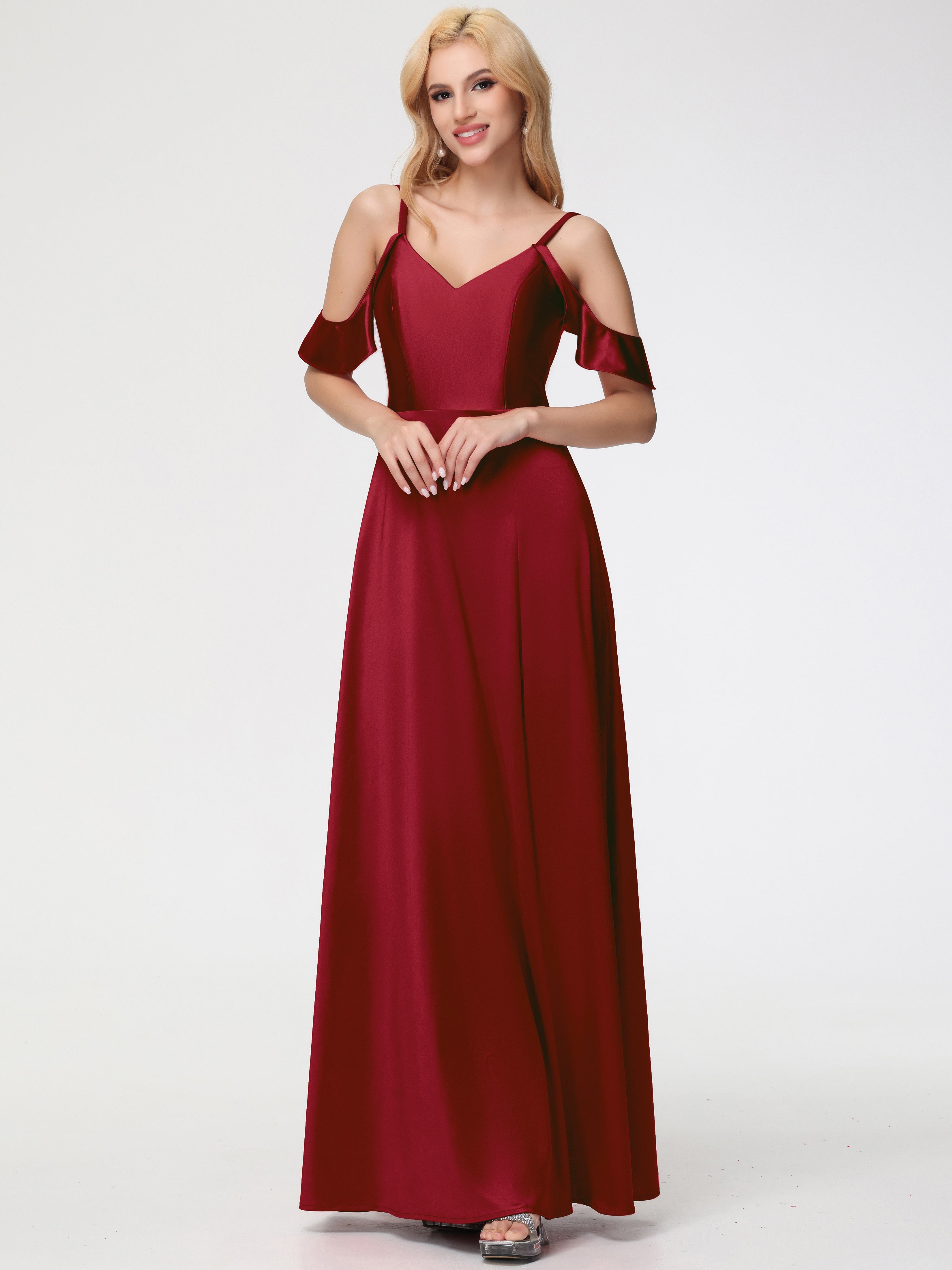 Off The Shoulder Burgundy Formal Dress A Line Off The Shoulder V-Neck Stretch Satin Formal Dress With Slit