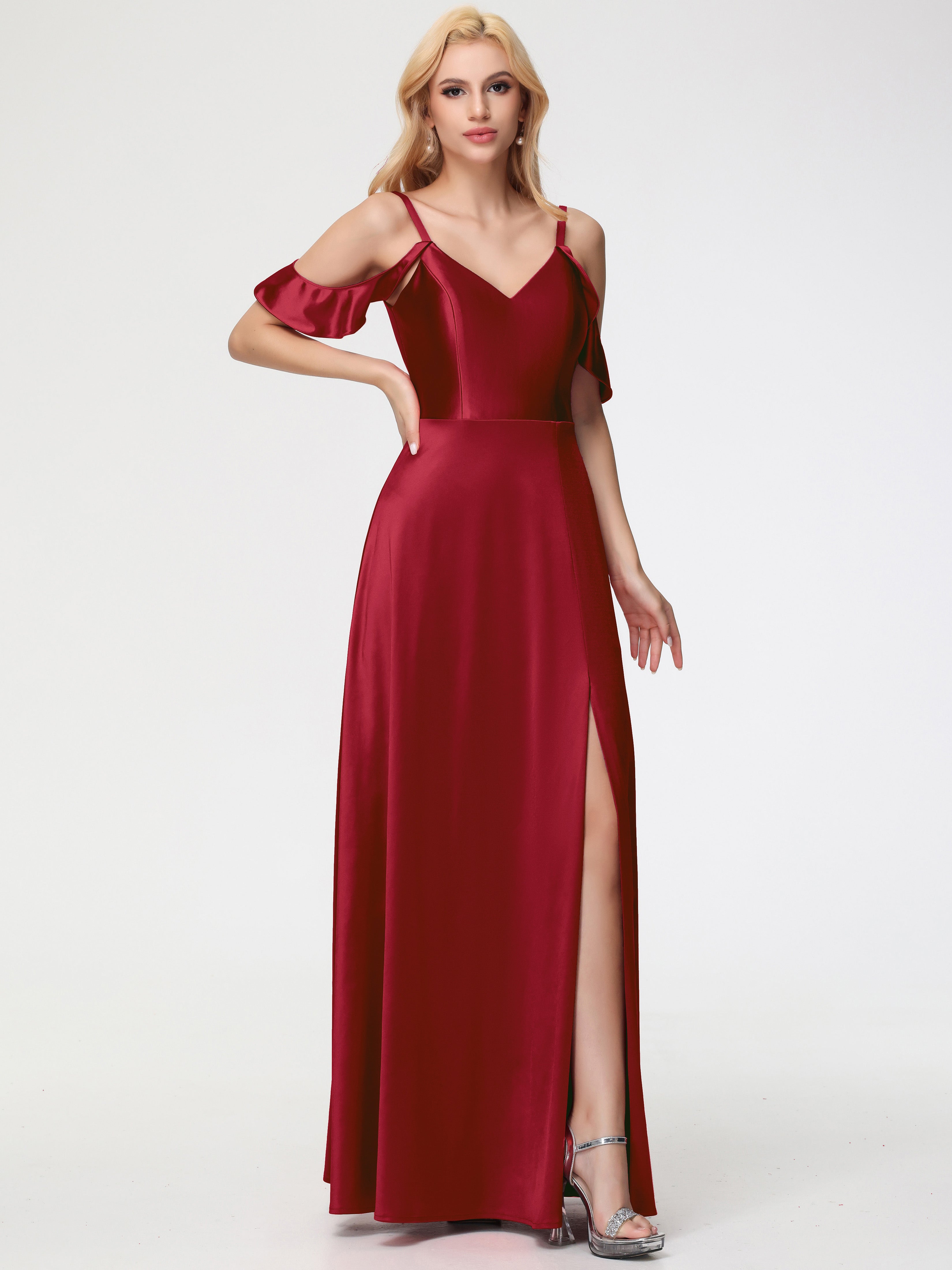 Off The Shoulder Burgundy Formal Dress A Line Off The Shoulder V-Neck Stretch Satin Formal Dress With Slit