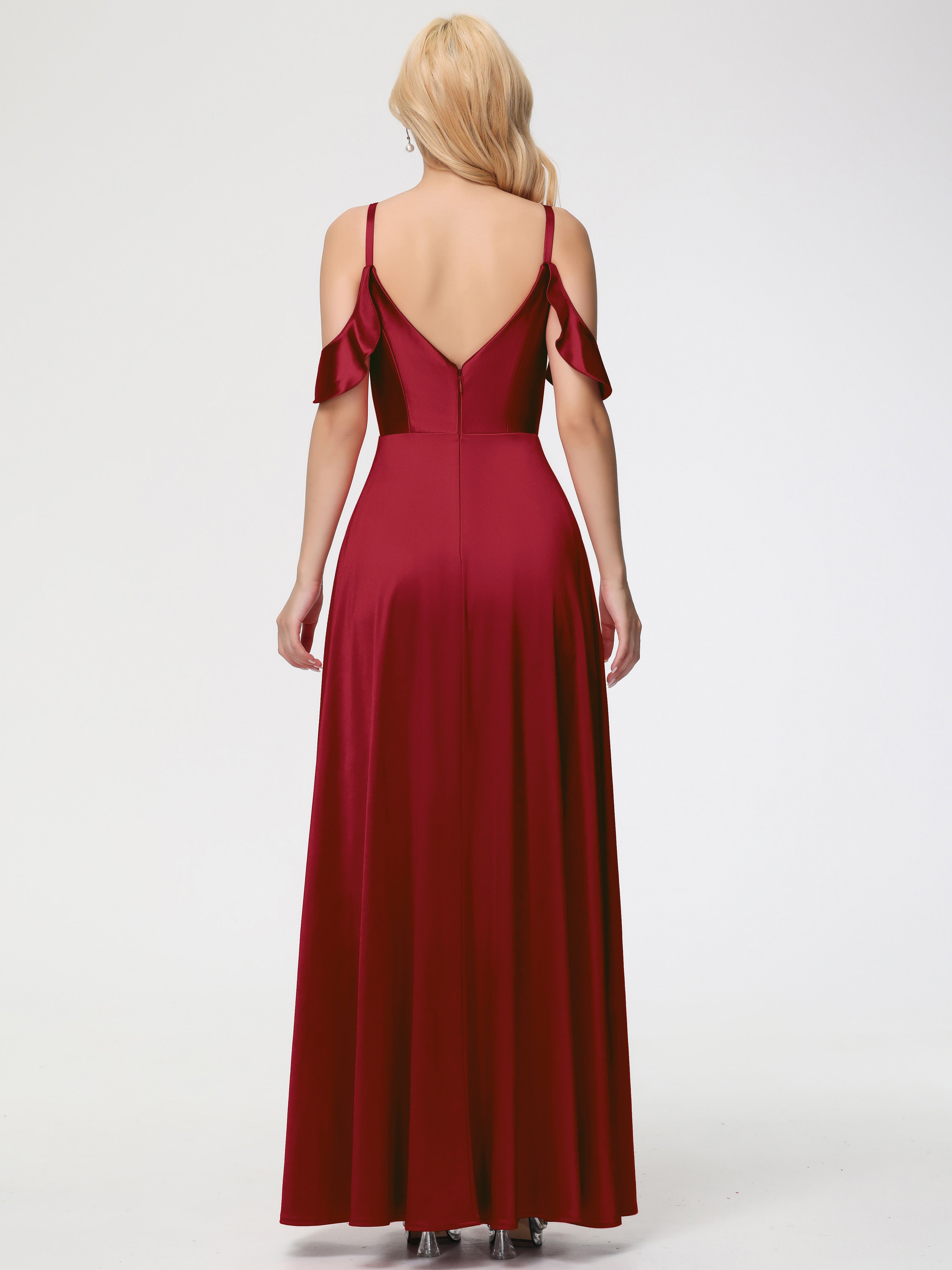 Off The Shoulder Burgundy Formal Dress A Line Off The Shoulder V-Neck Stretch Satin Formal Dress With Slit