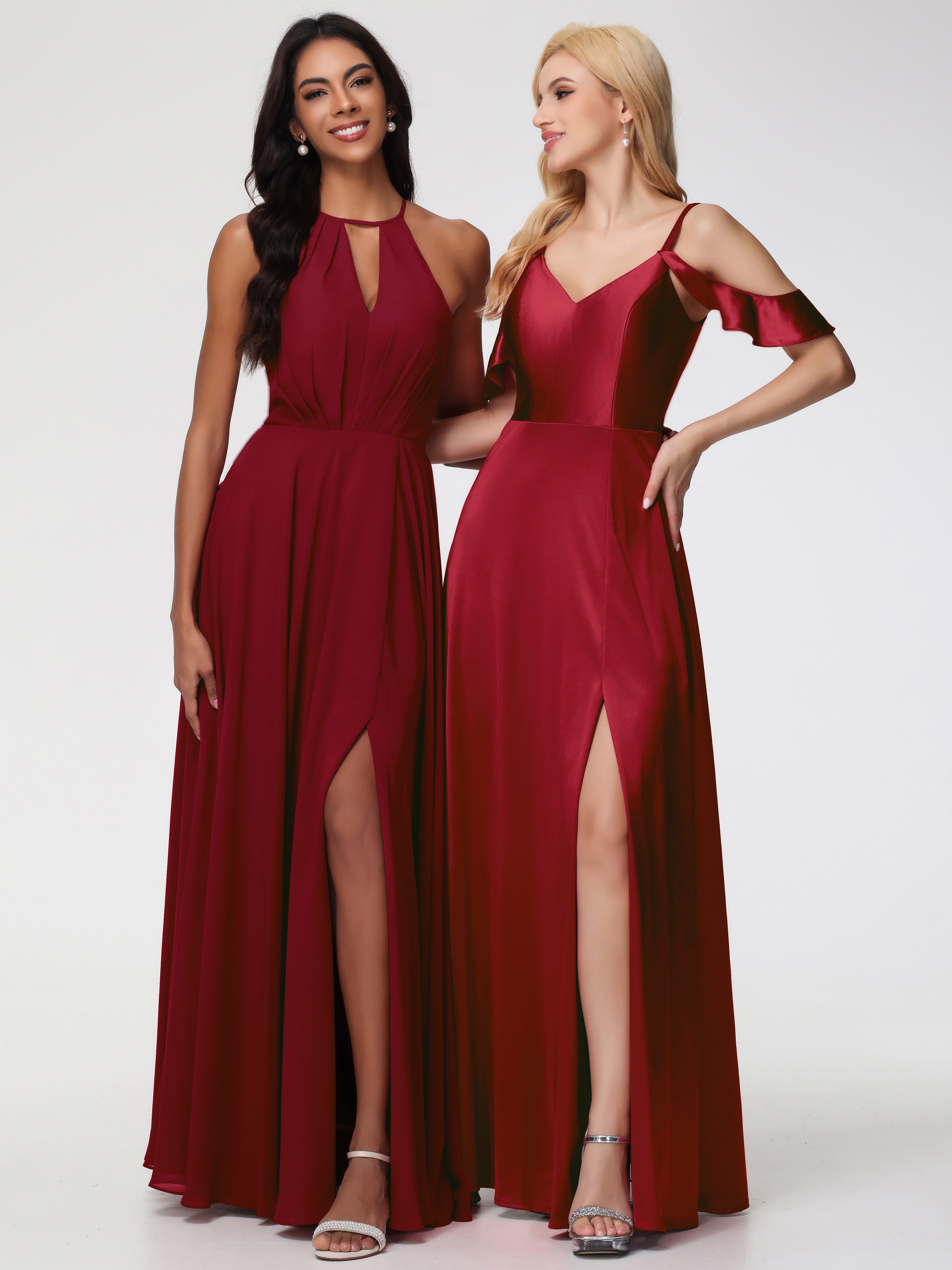 Off The Shoulder Burgundy Formal Dress A Line Off The Shoulder V-Neck Stretch Satin Formal Dress With Slit